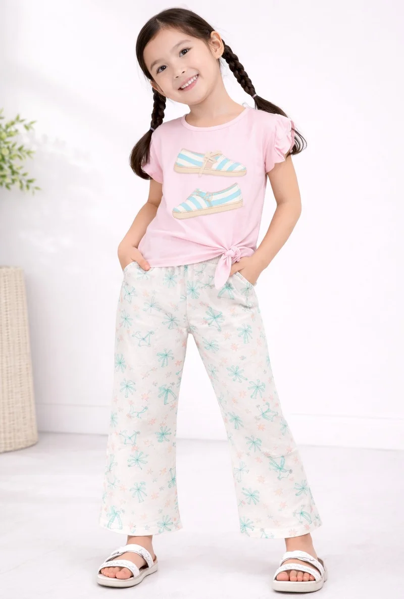 ديركجي طقم بناتي قطعتين: بلوزة بياقة مربوطة وطبعات سلاحف البحر وسروال واسع الأرجل